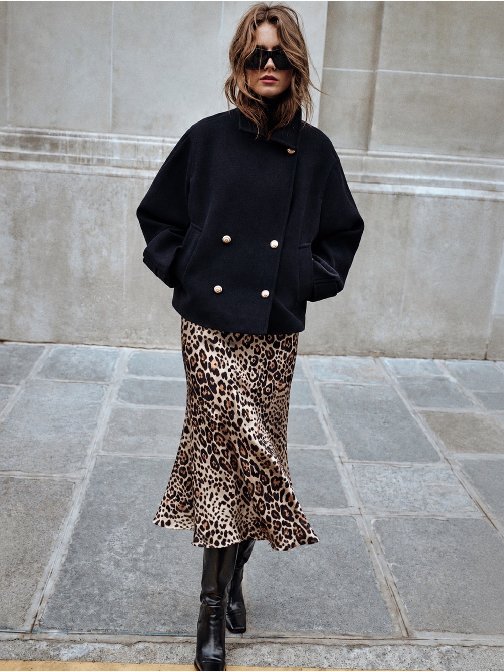 ZARA Leopard Print Satin Midi Skirt - Brown/Black